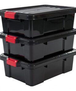 Iris Ohyama Power Box SK-230 Aufbewahrungsbox 3er-Set Schwarz Stapelbar mit Clips für die Garage