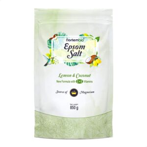 Nortembio Epsom Salz 100% Zitrone & Kokos - Für Entspannungsbäder & Hautpflege | Feuchtigkeitsspendend | 850 g mit Vitam