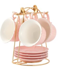 DUJUST Porzellan Tee-Tassen-Set - 4 Stück 235 ml, Rosa mit goldenen Schmuck, essigfreies Porzellan, praktische Metallfüß