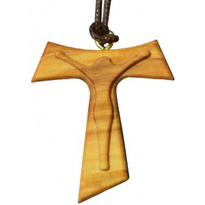 Junker Kirchenbedarf Olivenholz-Kreuz am Band 4cm - Taufe und Kommunion - Holzgeschnitztes Tau Kreuz Anhänger - Holzkorp