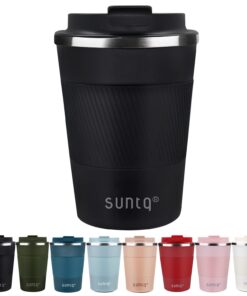 SUNTQ Doppelschicht-Thermobecher zu Go - Edelstahl, Gummierte Manschette, Kaffeetasse Isoliert, Wiederverwendbar, Schwar