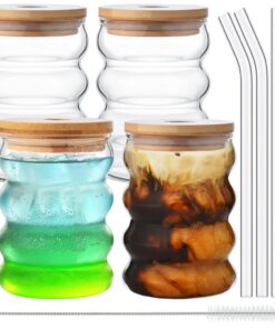 ZDQC Aesthetic Gläser Set mit Strohhalm und Deckel ZDQC Wellen Gläser für Eiskaffee und Wasserschenkung ZDQC Geriffelte