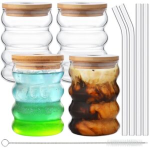 ZDQC Aesthetic Gläser Set mit Strohhalm und Deckel ZDQC Wellen Gläser für Eiskaffee und Wasserschenkung ZDQC Geriffelte