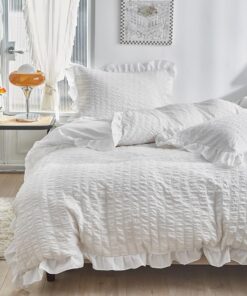 Luofanfei Weiß Seersucker Bettwäsche 135x200 für Sommer Einsatz von Microfaser Einzelbett Set mit Rüschen und Kissenbezu