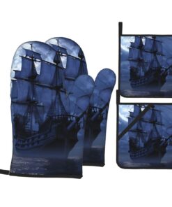 Ofenhandschuhe und Topflappen-Set mit Piraten-Segelboot-Vollmond-Aufdruck für Küchen-Babysitters in der Küche Größe S₋M
