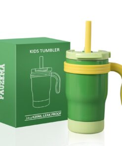 Kinder Thermobecher 14oz Grün | 420ml Trinkbecher Strohhalm Kids Tumbler Grün | Auslaufsicherer Kinder Thermobecher 14o