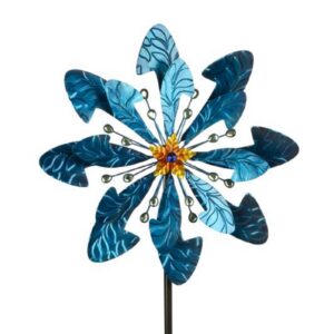Windrad Metall doppelt Türkis Gartenstecker - Blume Windspiel H 182 cm D 48 cm Trendige Windmühle für Garten