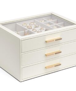 Vlando Vlandos Smart Schmuckschatulle für Damen mit Glasdeckel, 3 Schubladen, Weiß
