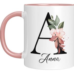 Personalisierte Keramik Tasse - mit Blumen Motiv und Ihrem Anfangsbuchstaben - Geburtstag Geschenke für Frauen - beidsei