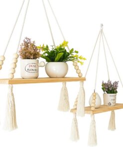 Rustikale Hängeregale mit Seil (2er-Set mit Haken) für den Innenbereich, schwebende Schaukelregale aus whitetem Holz, Ma
