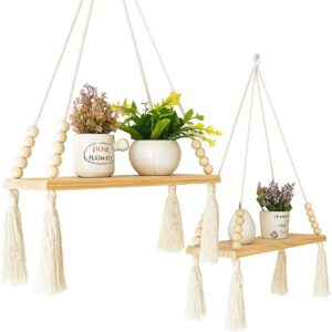 Rustikale Hängeregale mit Seil (2er-Set mit Haken) für den Innenbereich, schwebende Schaukelregale aus whitetem Holz, Ma