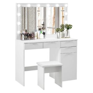 CLIPOP Schminktisch LED Beleuchtung Frisiertisch Schlafzimmer Weiß | CLIPOP Schminktisch mit Hocker Großer Spiegel Weiß
