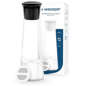 Wessper 1 Liter Blaue Glaskaraffe mit Wasserfilter für Zuhome, Chlor und Mikropartikel reduziert | Wessper Nachfüllbare