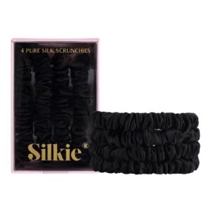 SILKIE Schwarze Maulbeerseide Haargummis 100% Reine Seide 4er-Set für Haarpflege und Pferdeschwanzhalter ohne Haarschäde