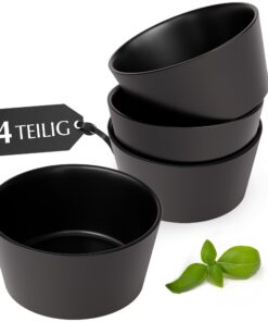 MIAMIO Schwarz Steingut Bowl Set für 4 Personen – Spülmaschinen- und Mikrowellenfest – Luxe Kollektion (4 Schalen x 740m