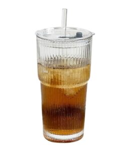 hiwhale 600ml geripptes Glas mit Deckel - moderne Eiskaffeetasse mit Stroh für ausgedehnte Sommerabende
