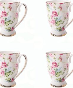 Kaffeetassen 4er Set 300ml Bone China Blumenmuster mit Griff