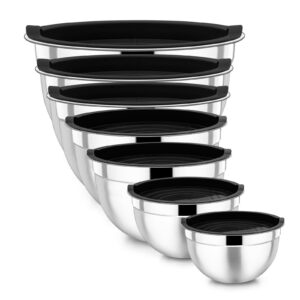 Homikit Schwarz Rührschüssel Set Edelstahl, 6,5/4,5/2,7/2,5/1,5/1,2/0,7L Edelstahl Salatschüssel Luftdicht Decker Kochen
