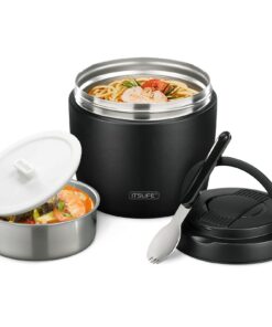 Thermobehälter für Essen 970ml, Warmhaltebehälter aus Edelstahl mit Deckel und Löffel (Schwarz) Thermoskanne für Suppe