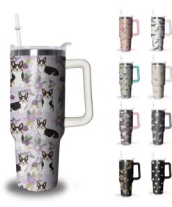 Xchearser Niedlicher Corgi-Becher, Edelstahl, 1,2 l, Isolierter Becher mit Grifff und Strohhalm