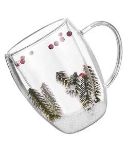YCHUCH Transparents Doppelwandige Kaffeetasse, dekorativ mit getrockneten Blumen, perfekt für Zuhause und Büro mit Griff