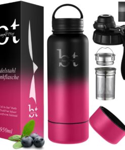 Sportflasche mit Früchtebehälter + Thermosflasche 1 Liter (950 ml) + Kaffe/Tee + Isolierung + Edelstahl + Fitness + Outd