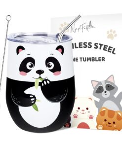 NymphFable 12oz Edelstahl Thermobecher Kaffeebecher to go | NymphFable Panda Weinbecher Mit Deckel und Strohhalm | Nymp