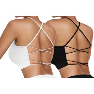 Vertvie Damen Yoga Sports BH Gepolstert Atmungsaktiv Spaghettiträger Rücken Verkreuzt Gerippt Ohne Bügel Abnehmbare Cups