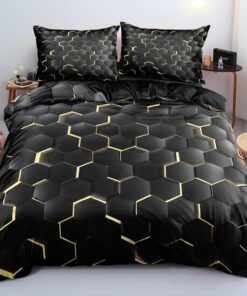 Luowei 3D Schwarz Gold Waben Gitter Bettwäsche 135x200cm Mode Geometrie Mikrofaser Reißverschluss Kissenbezüge 80x80cm