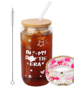 WALLFID 16oz Glas Kaffeetassen für Singer Fans mit Deckel und Strohhalm, Freundschaftsarmbänder-Set, Geburtstagsgeschenk