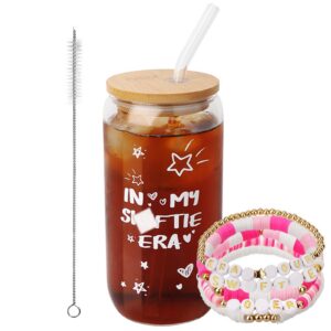 WALLFID 16oz Glas Kaffeetassen für Singer Fans mit Deckel und Strohhalm, Freundschaftsarmbänder-Set, Geburtstagsgeschenk