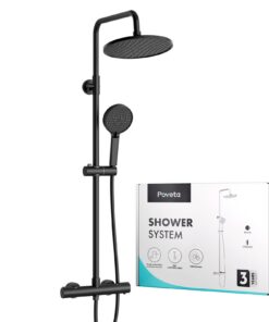 Duschsystem mit Thermostat Schwarzuell, Duscharmatur Komplettset für Familie, Handbrause mit 3 Strahlarten zur Regendusc