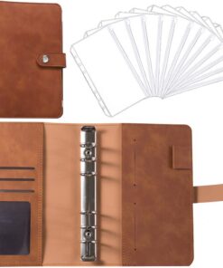 Home-Office-Schule Notizbuch Ordner, Braun, 6 Löcher A6 Ringbuch, mit 12 Loseblatt-Reißverschlusstaschen, PU Leder Loseb