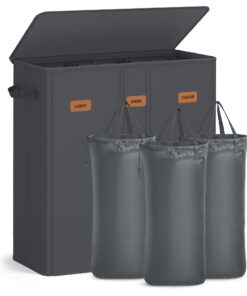 SONGMICS Wäschekorb mit 3 Fächern dunkelgrau RLH013G01 für Schlafzimmer mit herausnehmbarer und waschbarer Innensack, 16