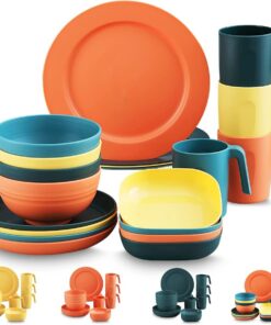 Kyraton Kunststoff Geschirrset 20 Stück, Unzerbrechliche Leichte Teller Set Becher Schüsseln für Camping, leicht zu trag