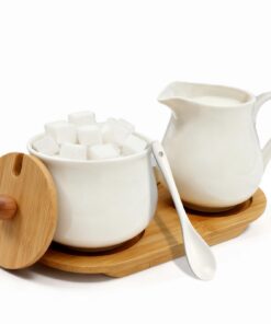 Milch und Zucker Set für Küche und Kaffee - Keramik und Holz - Weiss