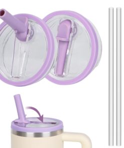 2 Stück Ersatzdeckel für Stanley Becher, Wiederverwendbarkeit und Auslaufsicherheit mit Trinkhalmen und Bürste (Violett)