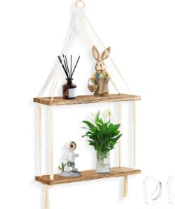 Vintage Hängeregal Holz mit Seil und 2 Ebenen für Chic Wand Storage im Wohnzimmer | Makramee Wandbehang mit 2 Haken als