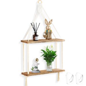 Vintage Hängeregal Holz mit Seil und 2 Ebenen für Chic Wand Storage im Wohnzimmer | Makramee Wandbehang mit 2 Haken als