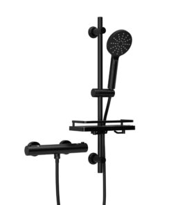 Görbach Thermostat Duschsystem für Edelstahl + Mischbatterie | DSD12 Matt Schwarz mit Ablassschnecke & Duscharmatur