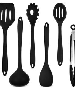 Onader 6 Teiliges Silikon Küchenhelfer Set, Hitzebeständiger Kochbesteck für die Küche, Spülmaschinenfest – Schwarz