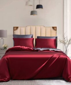 Damier Satin Bettwäsche Rot Grau Set 3-teilig Seidig Luxus Wendebett Reißverschluss Kissenbezüge