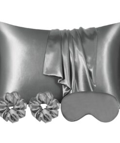 Satin Kissenbezug 2er Set Grau: Weich wie Seidenkissenbezug für Haar und Haut mit Augenmaske und Haargummis