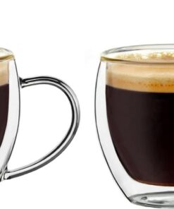LENAOBEN Doppelwandige Espresso-Gläser mit Henkel für Mokka und Cappuccino (2er Set) - 250ml Thermo-Gläser mit Schwebe-E