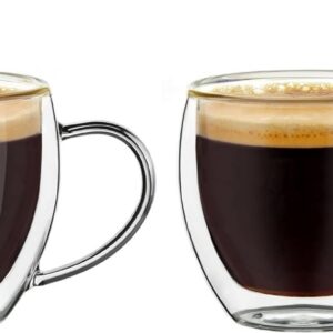 LENAOBEN Doppelwandige Espresso-Gläser mit Henkel für Mokka und Cappuccino (2er Set) - 250ml Thermo-Gläser mit Schwebe-E