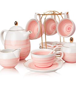 Sweejar Home Porzellan-Teeset für Tee/Kaffee mit Rosa Nachmittagsteekanne