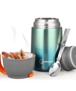 Thermobehälter für Essen 650ml | Wärmebehälter für Suppen aus Edelstahl | Thermo Lunchbox mit Faltbaren Löffel und Grünf