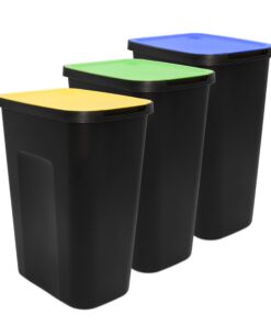 Spetebo schwarzer Abfalleimer mit farbigem Klappdeckel - 3er Set 35 L - Kunststoff-Biomüll-Altpapier Recycling System fü