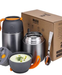Thermobehälter für Essen & Suppe 500ml & 700ml Edelstahl Grau Warmhaltebegehälter mit Isolation & faltbarem Löffel Unte