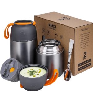 Thermobehälter für Essen & Suppe 500ml & 700ml Edelstahl Grau Warmhaltebegehälter mit Isolation & faltbarem Löffel Unte